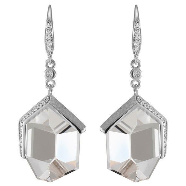 Women's Mirror Cut Clear Quartz and Diamond Earrings