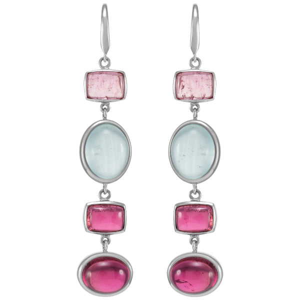 Aquamarine Cabochon and Pink Tourmaline Dangle Earrings