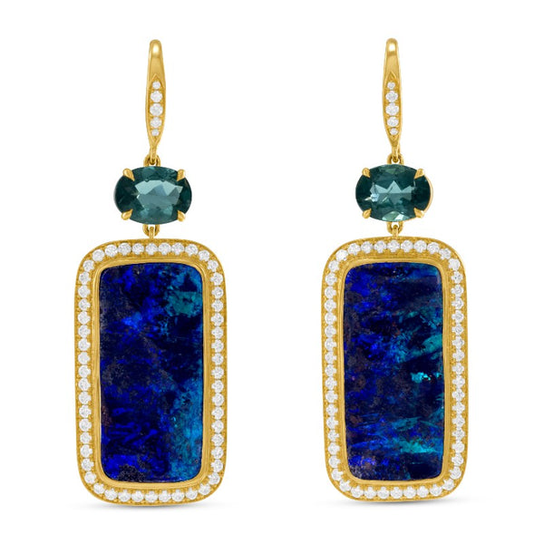Boulder Black Opal and Indicolite and Diamond Dangle Earrings