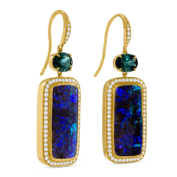 Boulder Black Opal and Indicolite and Diamond Dangle Earrings