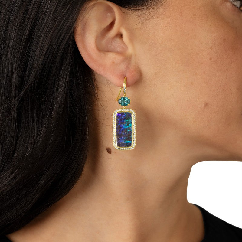Boulder Black Opal and Indicolite and Diamond Dangle Earrings