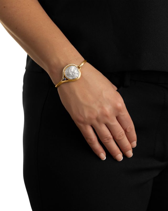 Women's Athena Coin Bracelet with Diamonds and Blue Sapphire