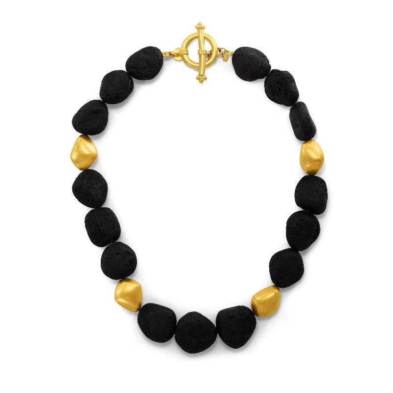 Raw Black Tourmaline and Gold Bead Necklace