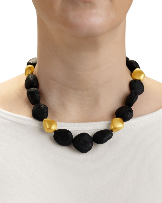 Raw Black Tourmaline and Gold Bead Necklace