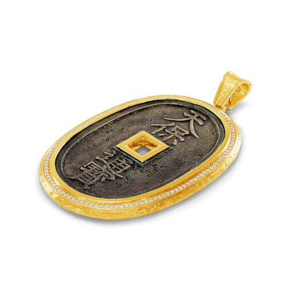 Ancient, Authentic Edo Coin Pendant with Diamonds