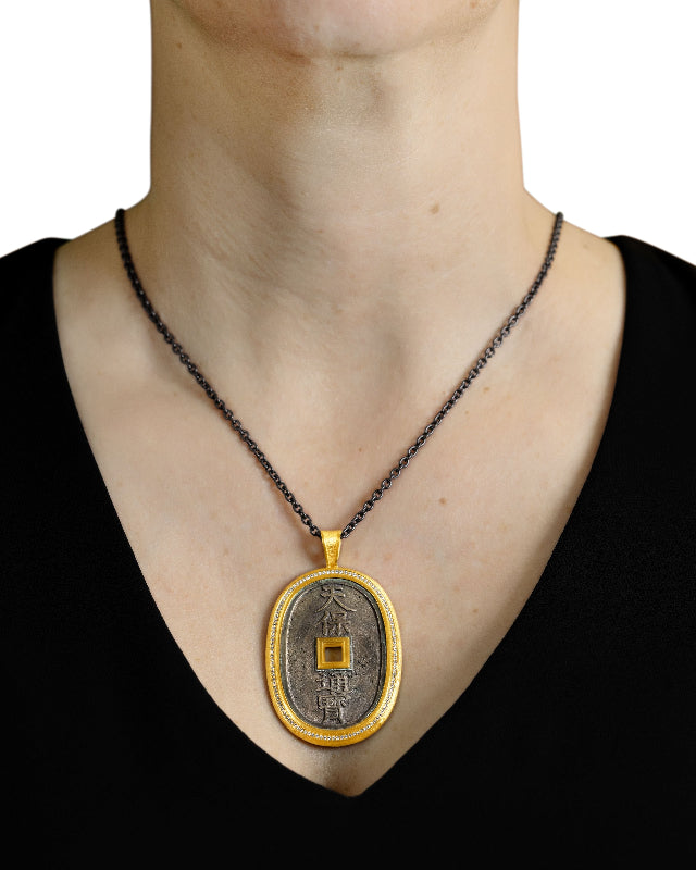 Ancient, Authentic Edo Coin Pendant with Diamonds