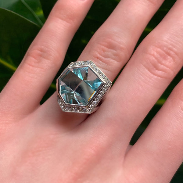 Women's Mirror Cut Blue Topaz and Diamond Ring