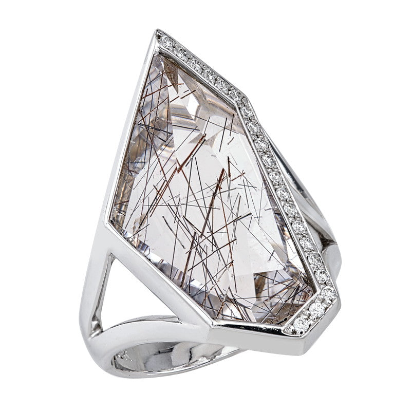 Women's Mirror Cut Tourmalinated Quartz and Diamond Ring