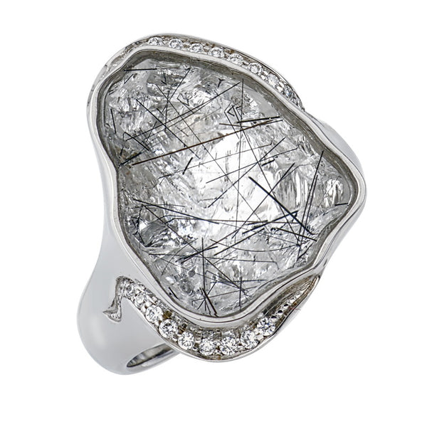 Women's Cleaved Tourmalinated Quartz and Diamond Ring