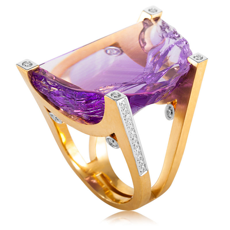 Cleaved Half Moon Amethyst and Diamond Ring
