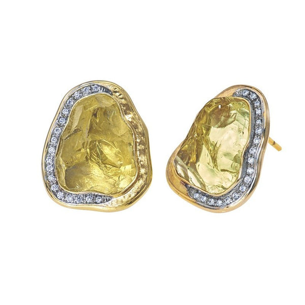 Women's Cleaved Lemon Quartz and Diamond Button Earrings