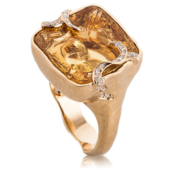 Women's Cleaved Citrine and Diamond Hammered Ring