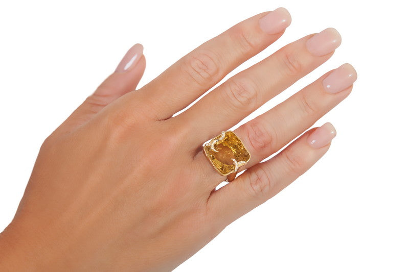 Women's Cleaved Citrine and Diamond Hammered Ring