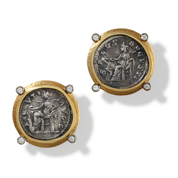 Women's Ancient, Authentic Salus Coin and Diamond Earrings
