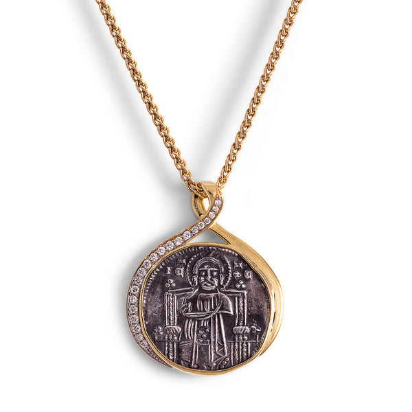 Women's Ancient, Authentic Venetian Christ Coin and Diamond Pendant