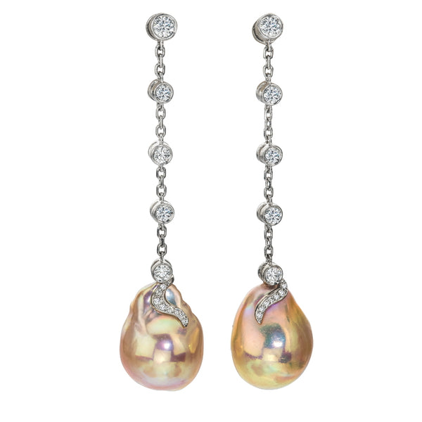 Women's White Gold, Exotic Pearl and Diamond Dangle Earrings