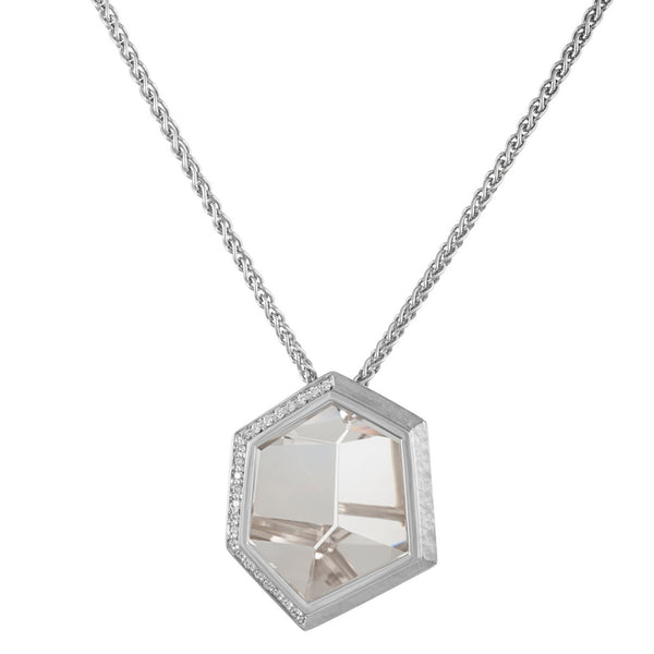 Women's 18KT White Gold, Mirror Cut Clear Quartz and Diamond Pendant