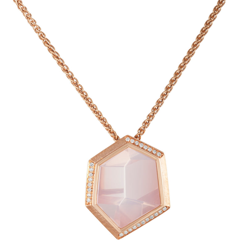 Women’s Mirror Cut Rose Quartz and Diamond Pendant