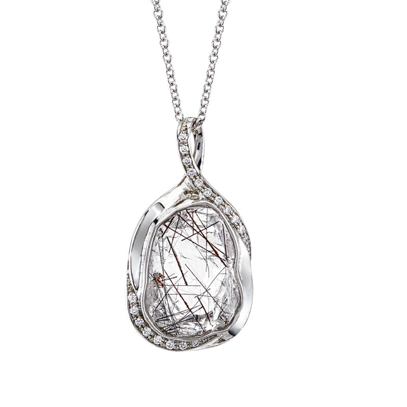 Women's 18KT White Gold, Tourmalinated Quartz and Diamond Pendant