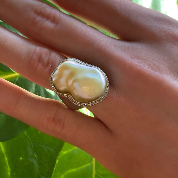 Women's Hammered White Gold, Freshwater Pearl and Diamond Ring