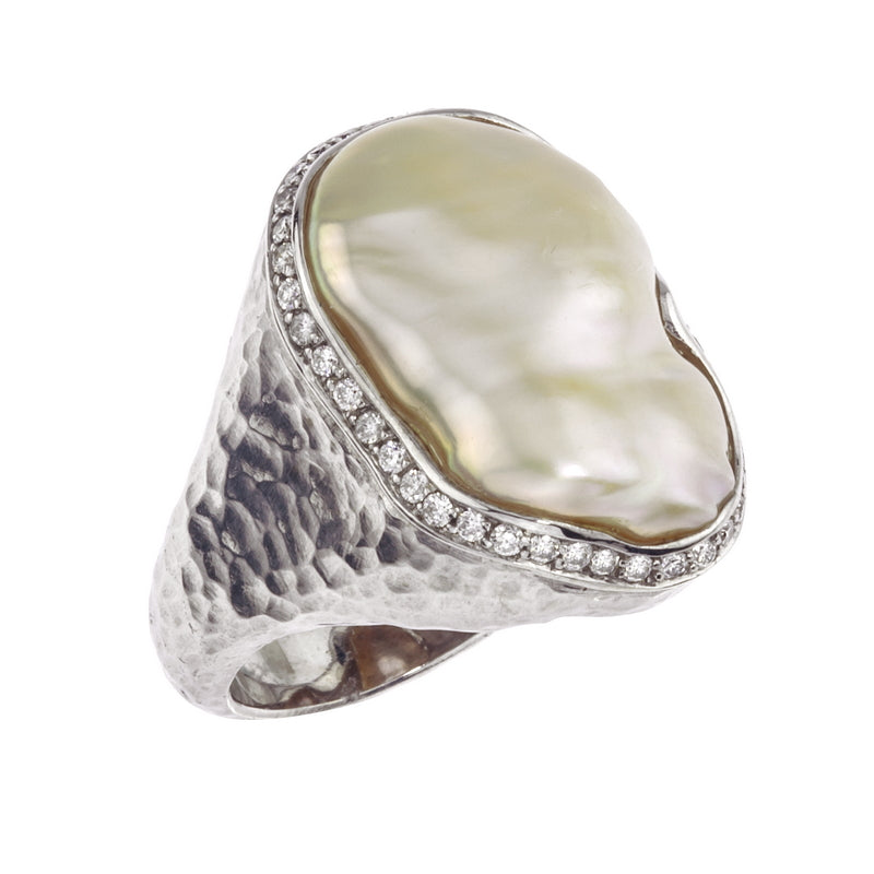 Women's Hammered White Gold, Freshwater Pearl and Diamond Ring