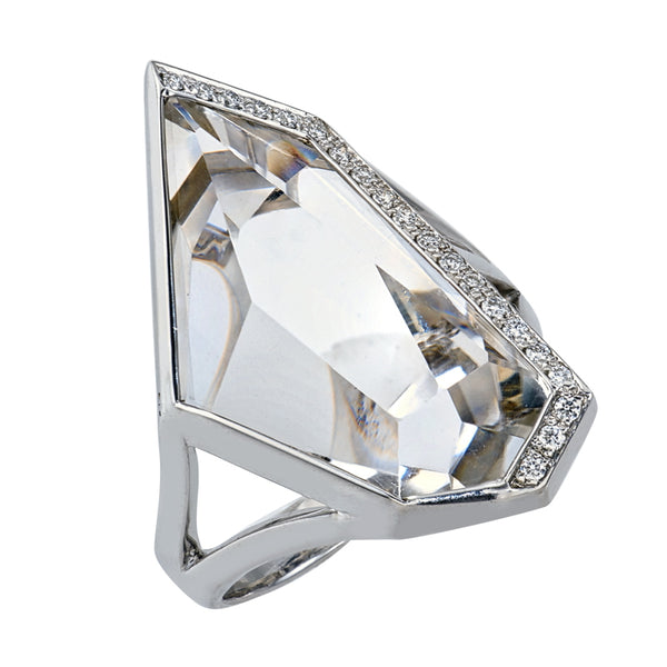 Women’s Mirror Cut Clear Quartz and Diamond Ring