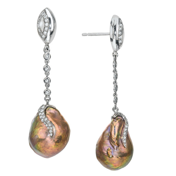 Women's White Gold, Exotic Copper Pearl and Diamond Earrings